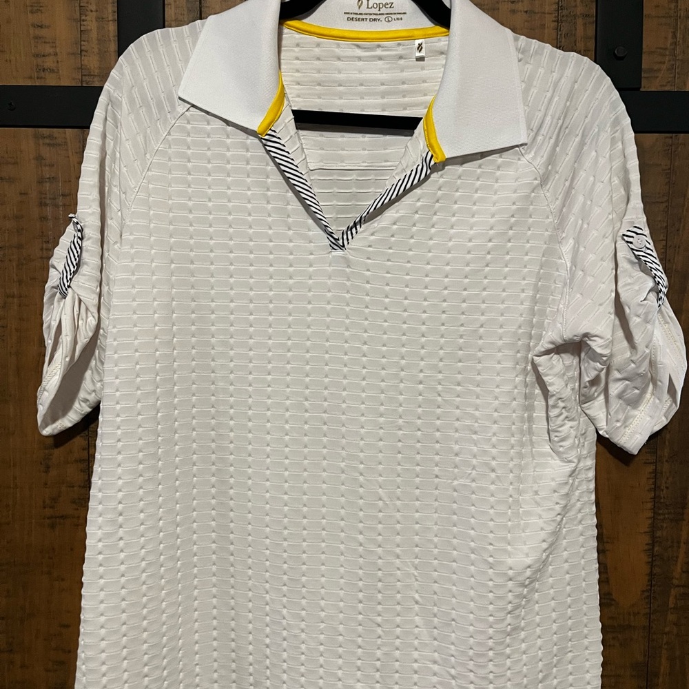Lopez Womenβs White Textured Polo Top with Yellow Trim